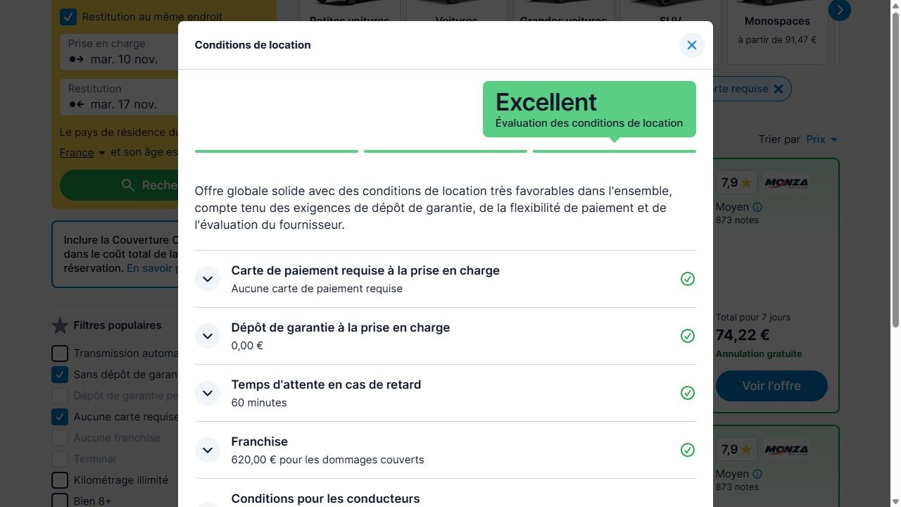 Conditions MONZA en français : aucune carte de paiement requise, dépôt zéro et franchise de 620 euros
