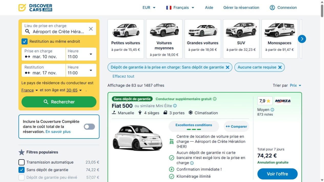 Recherche DiscoverCars en français avec Sans dépôt de garantie et Aucune carte requise activés
